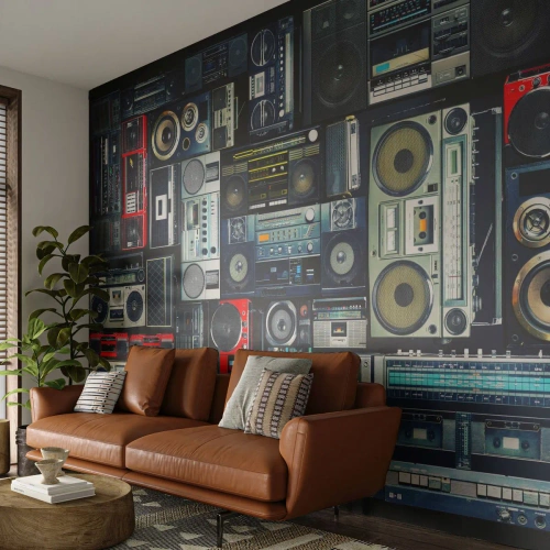 Fototapeta Premium Sand - Túžba po 80. rokoch - Kazetový prehrávač, Hudobný zosilňovač, Vintage hudobné vybavenie - 350x256 cm
