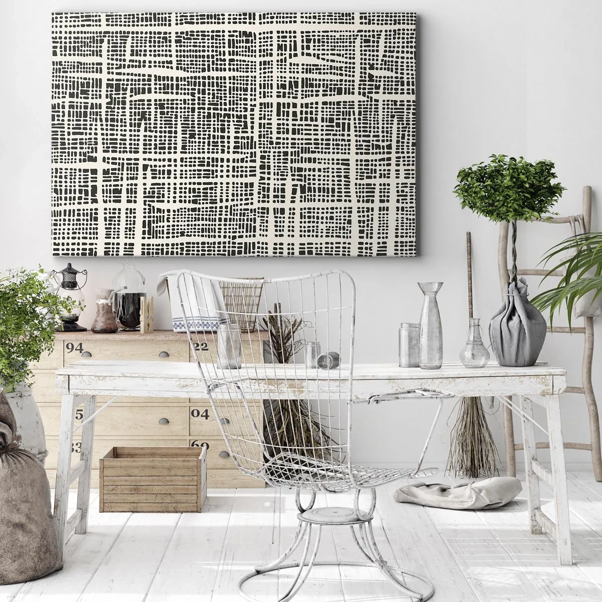 Obraz na plátne - Geometrický vzor pripomínajúci mriežku na svetlom pozadí - 70x50cm - Tkaná kompozícia - Moderná nástenná dekorácia do obývacej izby a spálne ARTTOR