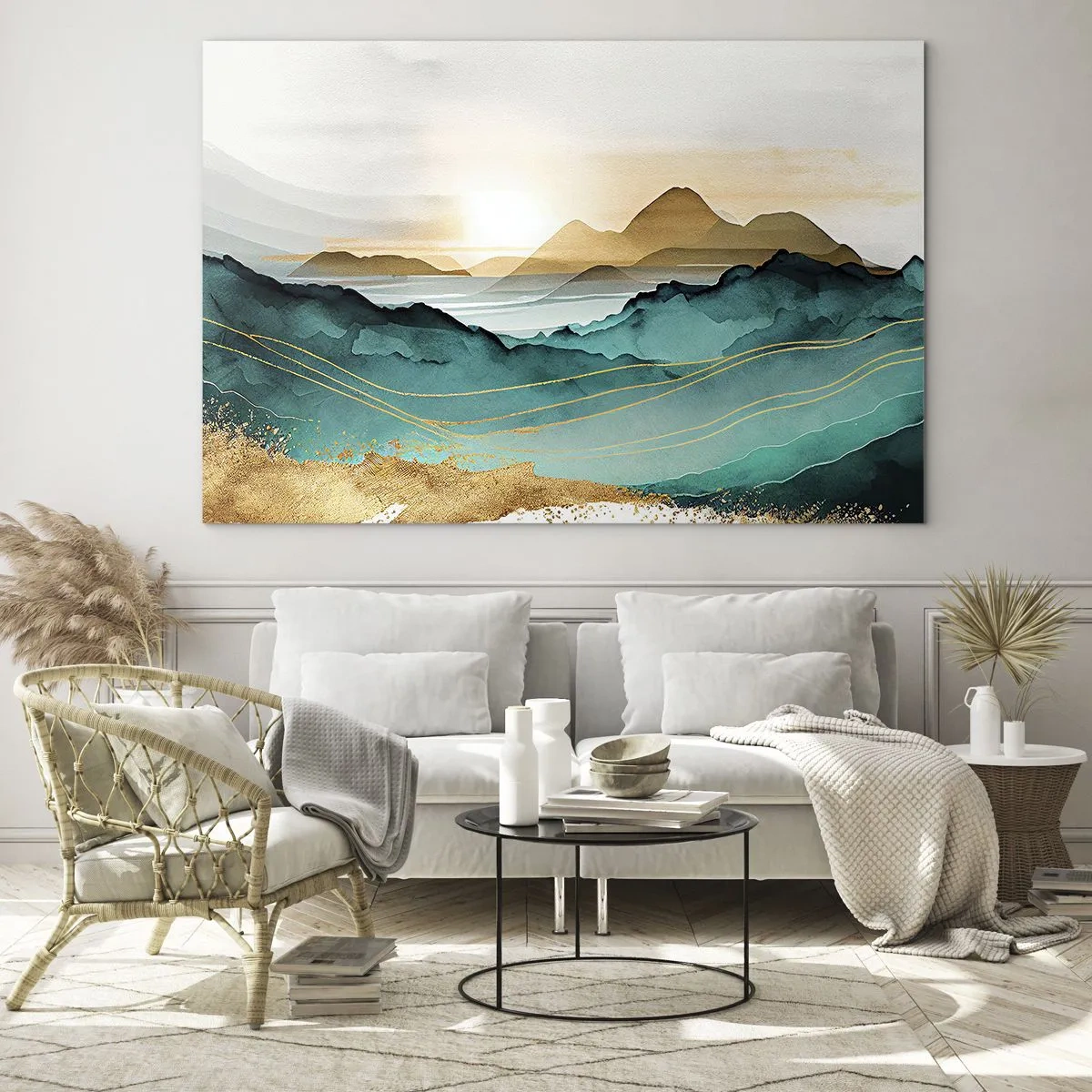 Obraz na skle - Zlatá a tyrkysová horská krajina v akvarelovom štýle. - 70x50cm - Na pokraji abstrakcie – krajina - Moderná nástenná dekorácia do obývacej izby a spálne ARTTOR