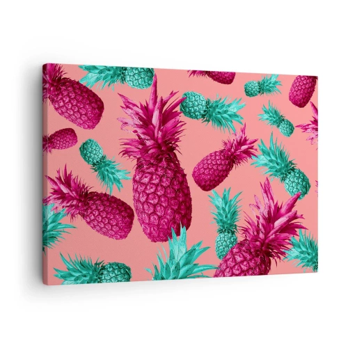 Obraz na plátne - Exotické ananásy v ružových a tyrkysových farbách - 70x50cm - Sloboda je sladká - Moderná nástenná dekorácia do obývacej izby a spálne ARTTOR
