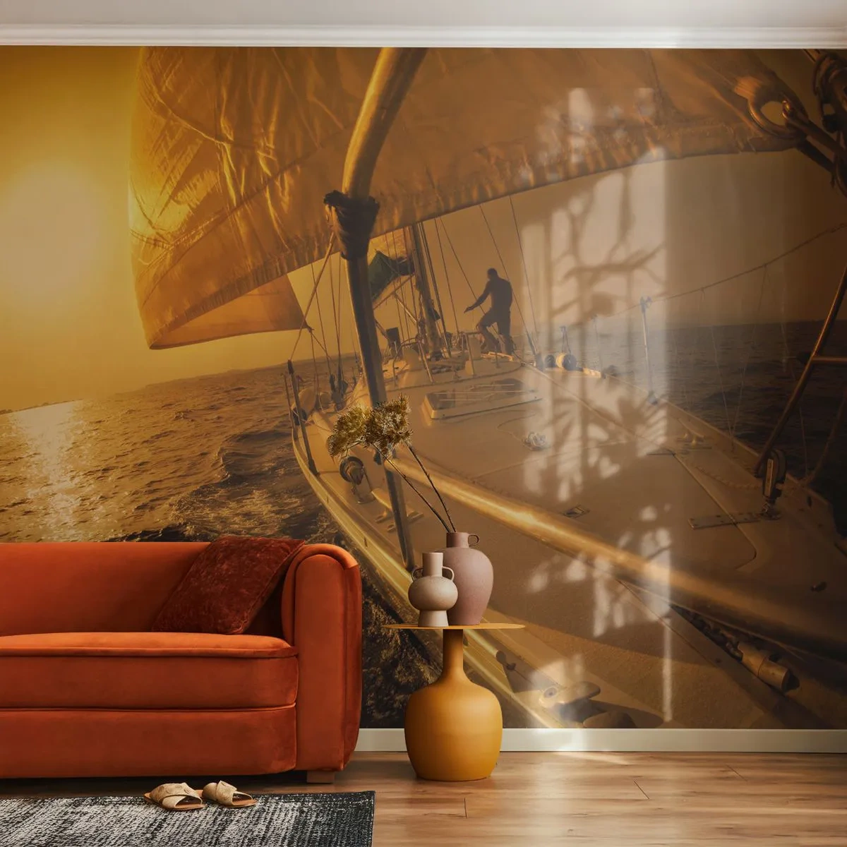 Samolepiaca Fototapeta Deluxe Sticker - Zlatý večer po viacfarebnom dni - Námorné štúdiá, Plachetnica, Cestuje - 250x175 cm