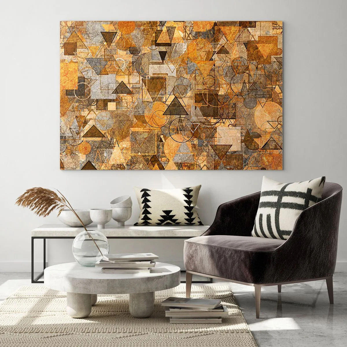 Obraz na skle - Abstraktná geometrická kompozícia v teplých tónoch - 70x50cm - Svet zachytený do tvaru - Moderná nástenná dekorácia do obývacej izby a spálne ARTTOR
