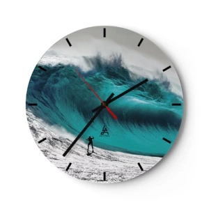 Nástenné hodiny - Surfer pred obrovskou tyrkysovou vlnou - 30x30cm - Výzva prijatá - Moderná nástenná dekorácia do obývacej izby, kuchyne a spálne ARTTOR