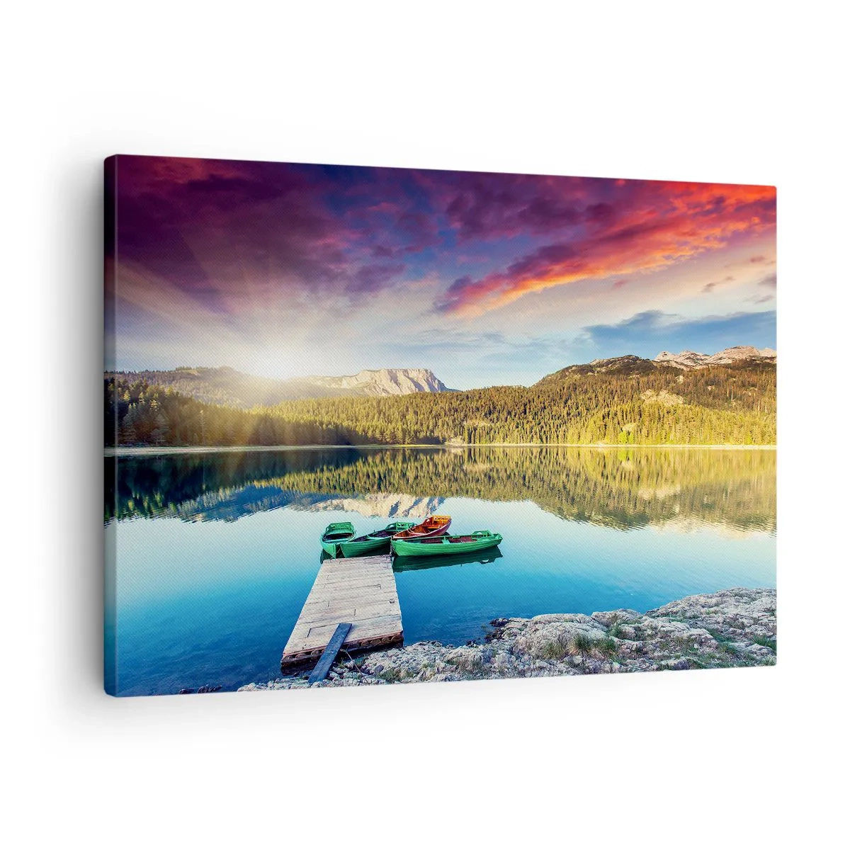 Obraz na plátne - Západ slnka nad jazerom s loďkami na móle - 70x50cm - Pri vode hladkej ako zrkadlo - Moderná nástenná dekorácia do obývacej izby a spálne ARTTOR