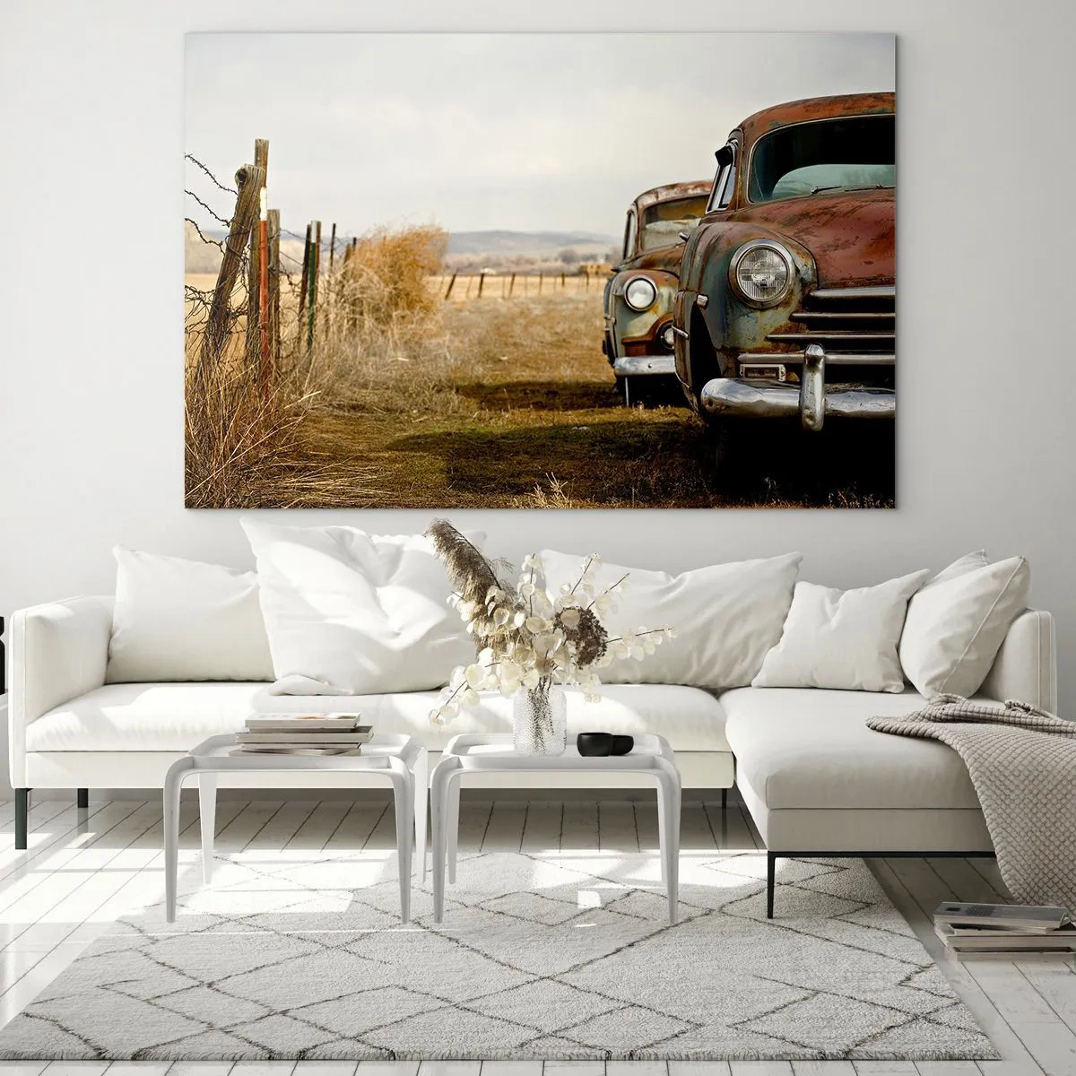 Obraz na skle - Veterány na vidieckej ceste - 70x50cm - Zaslúžený odpočinok - Moderná nástenná dekorácia do obývacej izby a spálne ARTTOR