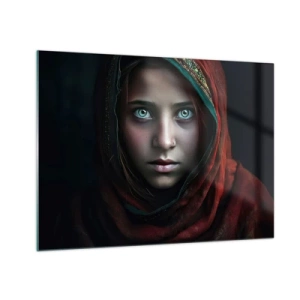 Obraz na skle - Portrét ženy v červenej šatke na tmavom pozadí - 70x50cm - Východná princezná - Moderná nástenná dekorácia do obývacej izby a spálne ARTTOR