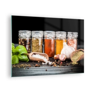 Obraz na skle - Farebné korenie v pohároch na tmavom pozadí - 70x50cm - Aby mal život chuť - Moderná nástenná dekorácia do obývacej izby a spálne ARTTOR