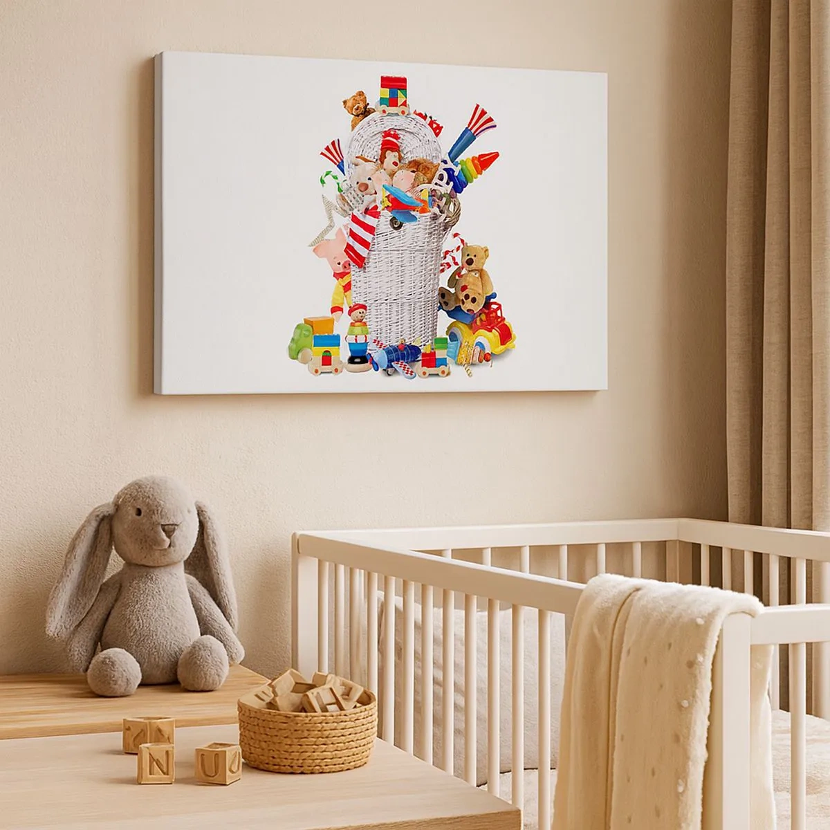 Obraz na plátne - Farebný košík plný detských hračiek - 70x50cm - Poklady dieťatka - Moderná nástenná dekorácia do obývacej izby a spálne ARTTOR