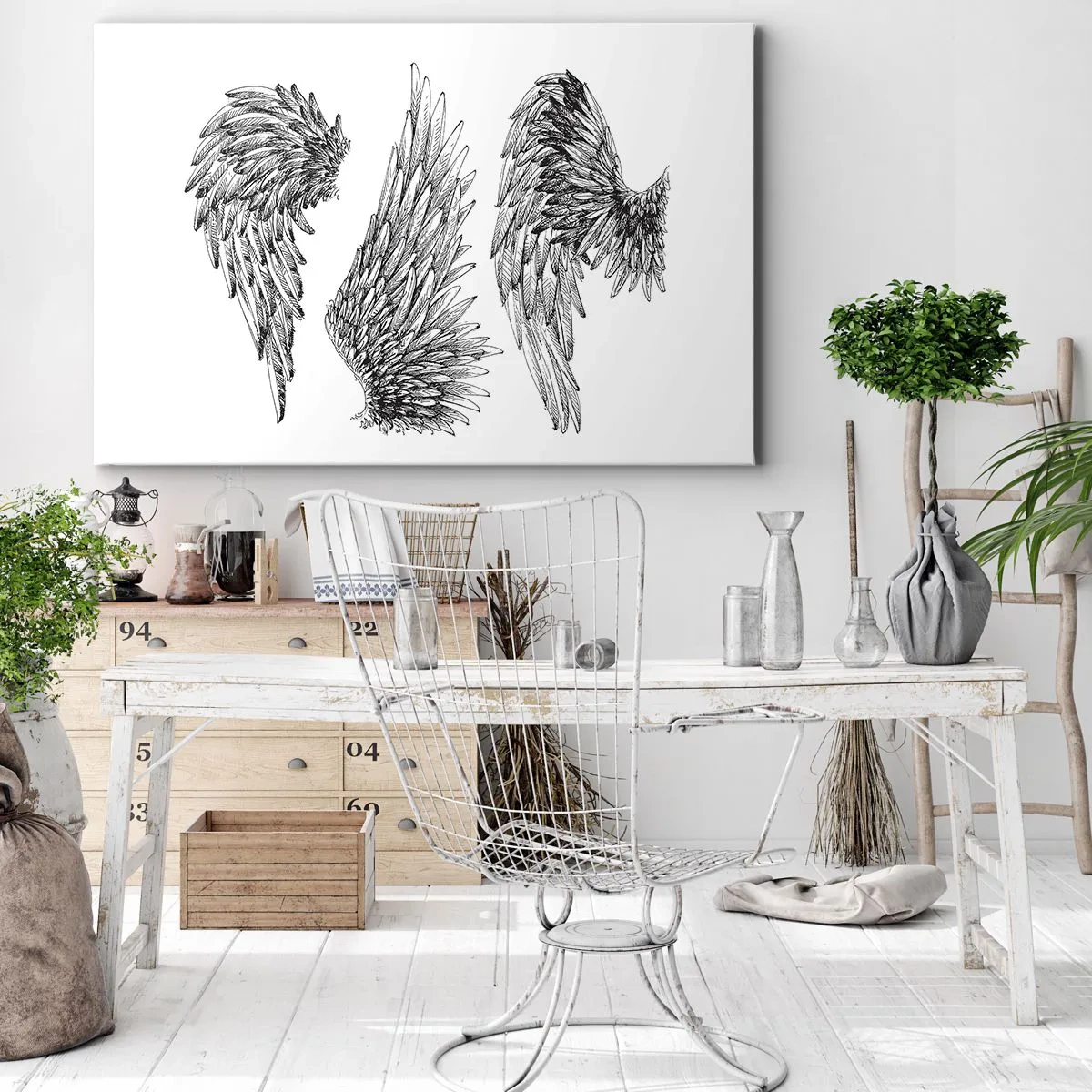 Obraz na plátne - Tri čiernobiele náčrty krídel v minimalistickom štýle. - 70x50cm - Aj ty sa môžeš stať anjelom - Moderná nástenná dekorácia do obývacej izby a spálne ARTTOR
