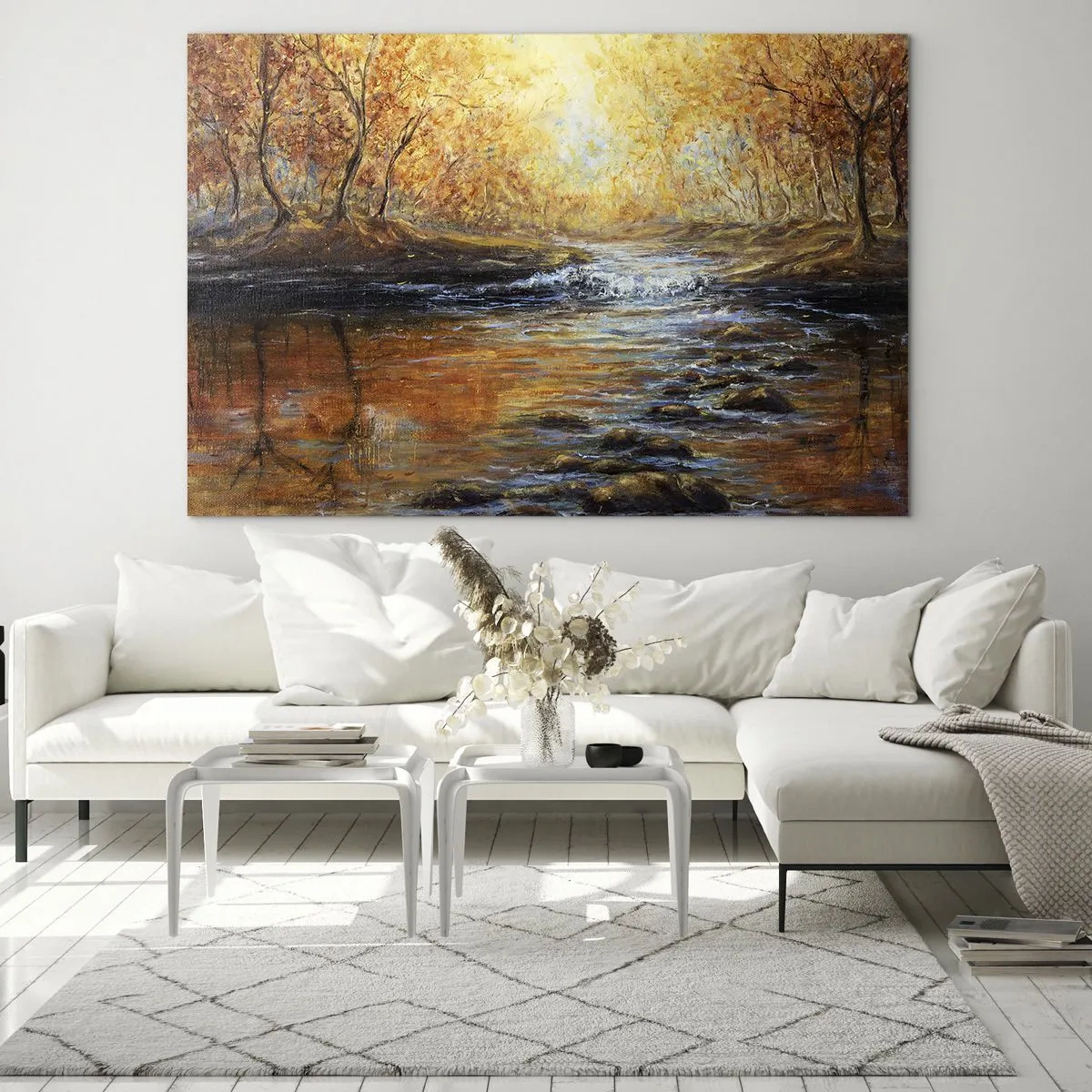 Obraz na skle - Zlatý potok v lese obklopenom jesennými stromami - 70x50cm - Zlatý potok - Moderná nástenná dekorácia do obývacej izby a spálne ARTTOR