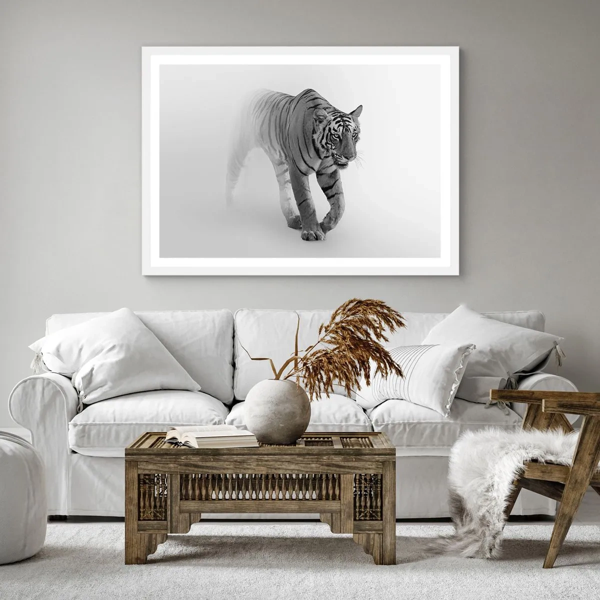 Plagát v bielom ráme - Prikrčený v hmle - 40x40 cm