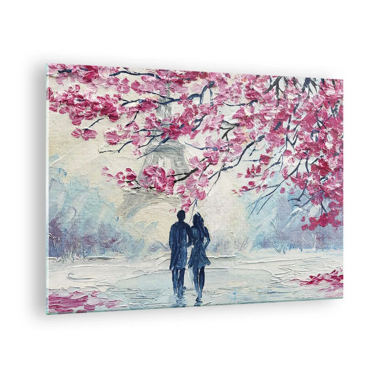 Obraz na skle - Pár sa prechádza pod kvitnúcimi stromami - 70x50cm - Romantická prechádzka - Moderná nástenná dekorácia do obývacej izby a spálne ARTTOR