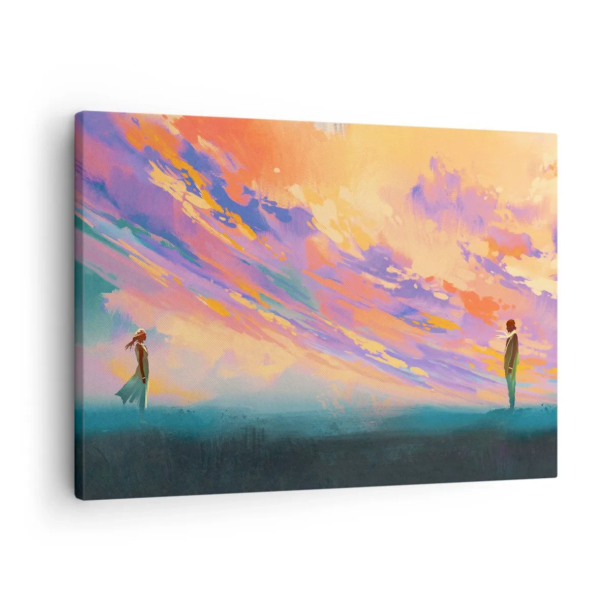 Obraz na plátne - Dynamická scéna s postavami na pozadí farebnej oblohy pri západe slnka - 70x50cm - Sila príťažlivosti - Moderná nástenná dekorácia do obývacej izby a spálne ARTTOR