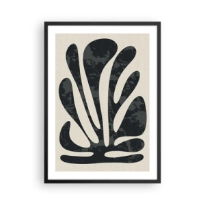 Plagát v čiernom ráme - Abstraktný čierny rastlinný tvar na béžovom pozadí - 50x70cm - Mnohoprstá abstrakcia - Moderná nástenná dekorácia do obývacej izby a spálne ARTTOR