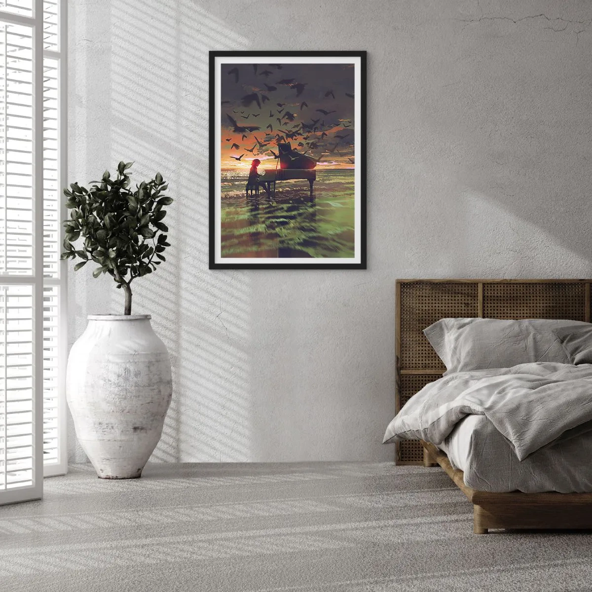 Plagát v čiernom ráme - Silueta klaviristu na pozadí západu slnka - 50x70cm - Koncert na piano a vlny - Moderná nástenná dekorácia do obývacej izby a spálne ARTTOR