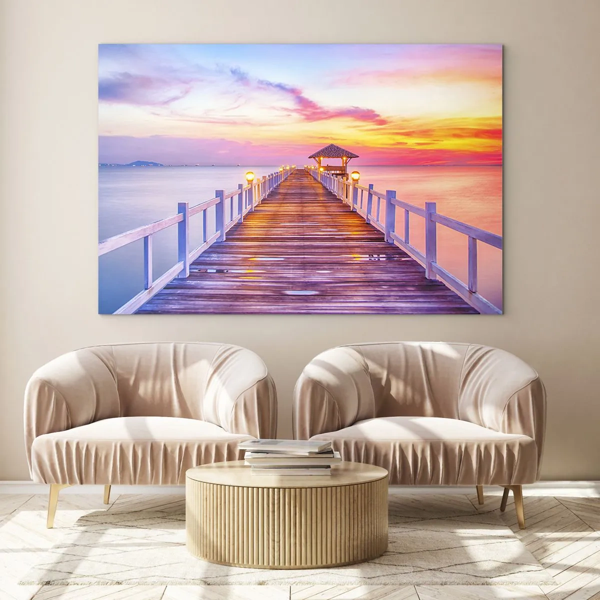 Obraz na skle - Drevené mólo pri západe slnka na pokojnom mori - 70x50cm - Ľaliovo-zlaté ticho večera - Moderná nástenná dekorácia do obývacej izby a spálne ARTTOR