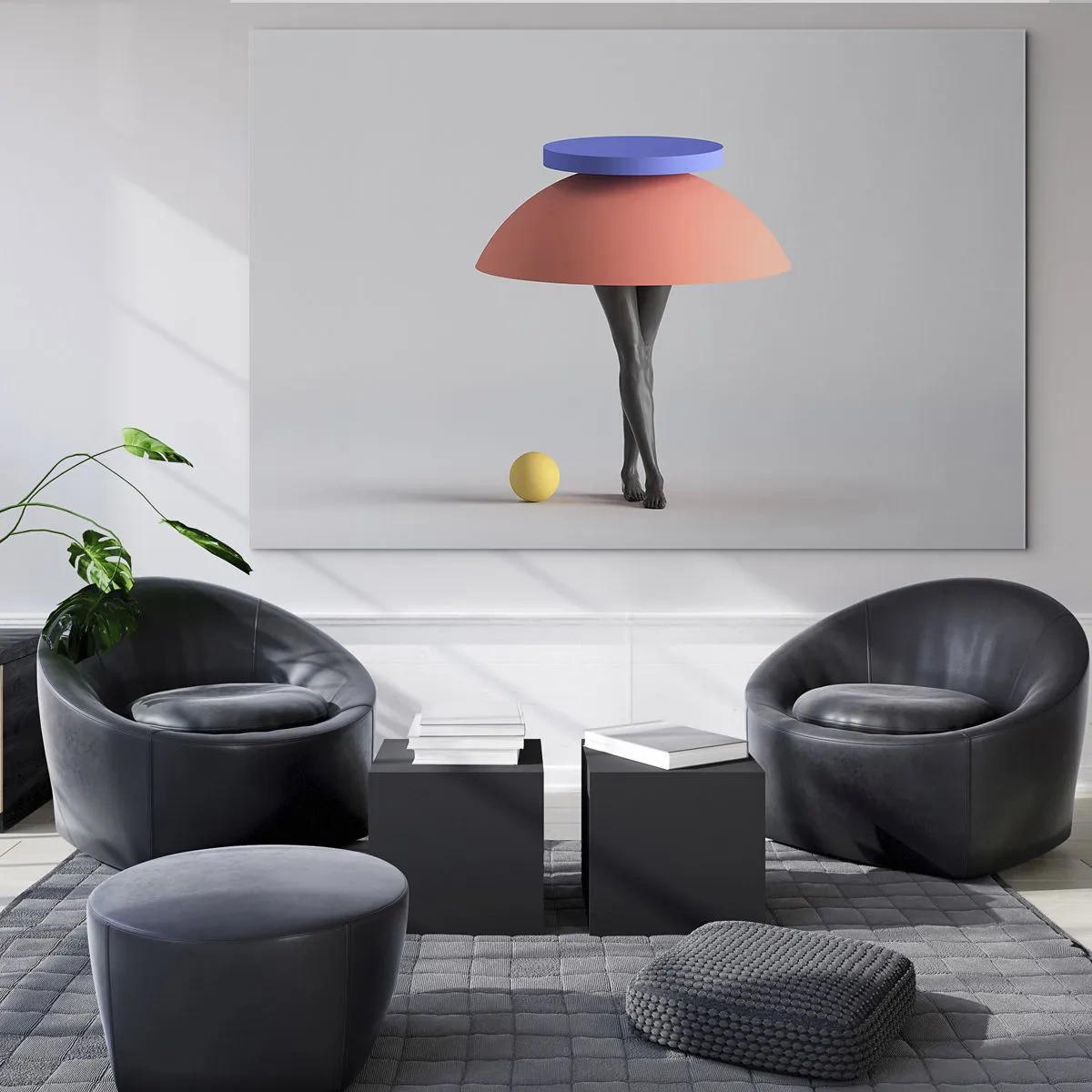Obraz na skle - Surrealistická postava vyrobená z geometrických tvarov a nôh - 70x50cm - Surrealistická kompozícia - Moderná nástenná dekorácia do obývacej izby a spálne ARTTOR