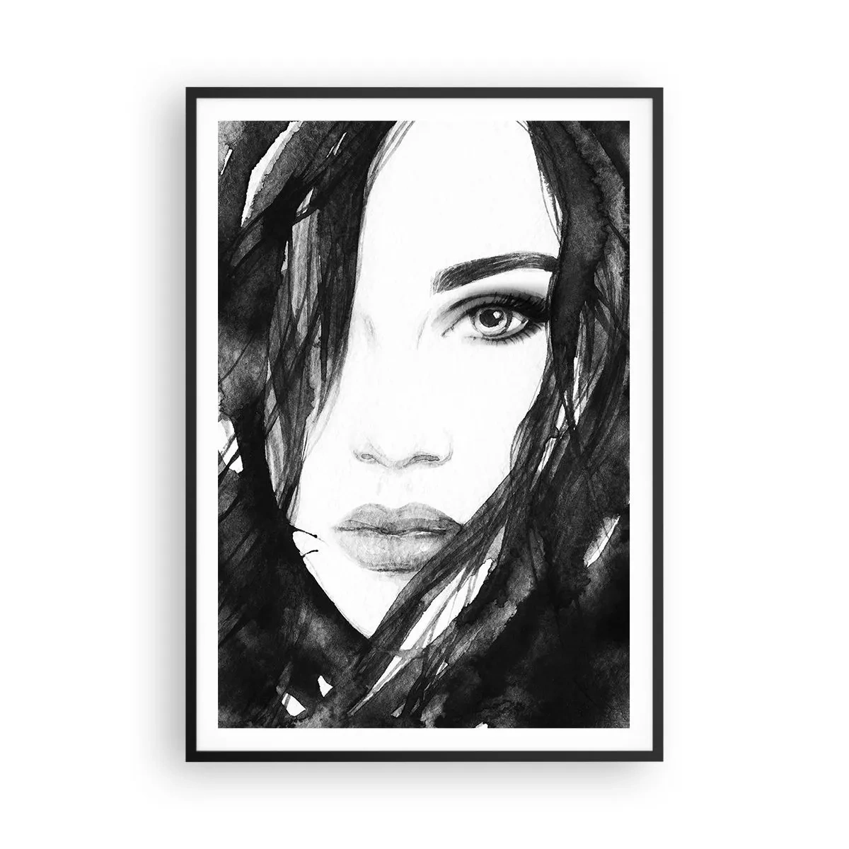 Plagát v čiernom ráme - Portrét dámy v čiernej a bielej - 70x100 cm