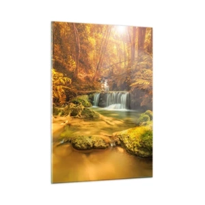 Obraz na skle - Lesný vodopád v zlate - 50x70 cm