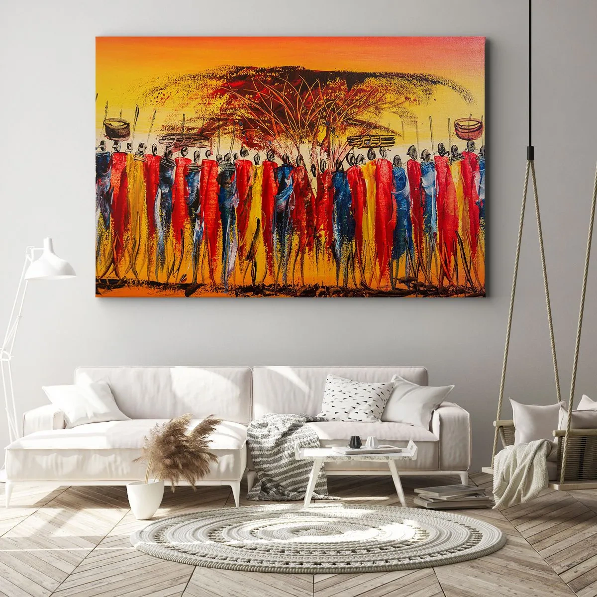 Obraz na plátne - Farebná scéna s africkými postavami na pozadí zapadajúceho slnka. - 70x50cm - Tam, tam, tam, tam idú - Moderná nástenná dekorácia do obývacej izby a spálne ARTTOR