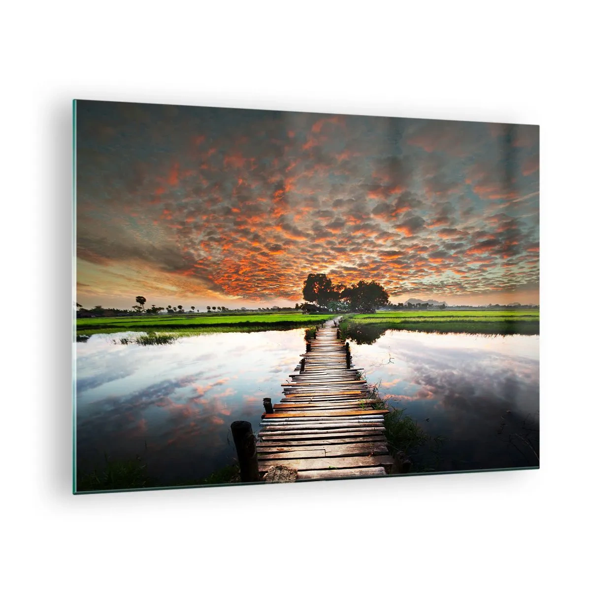 Obraz na skle - Drevený most cez rieku pri západe slnka - 70x50cm - Roztiahnite ruky - dýchajte  - Moderná nástenná dekorácia do obývacej izby a spálne ARTTOR