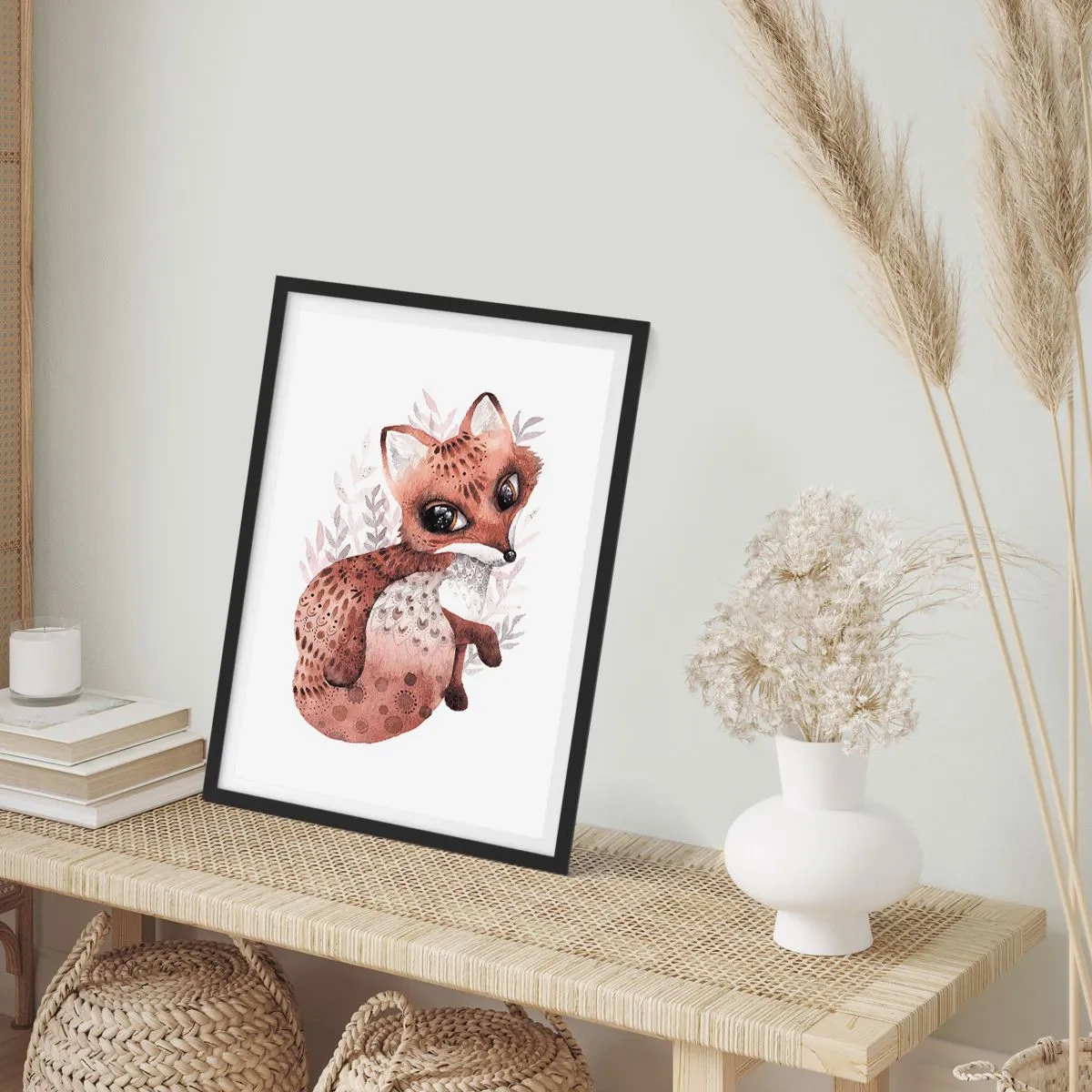 Plagát v čiernom ráme - Roztomilá akvarelová líška na bielom pozadí - 50x70cm - Proste sa zamilovať - Moderná nástenná dekorácia do obývacej izby a spálne ARTTOR