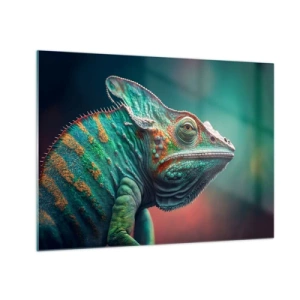 Obraz na skle - Farebný chameleón na rozmazanom pozadí v intenzívnom svetle. - 70x50cm - Vidíš ma? To nie je dobre… - Moderná nástenná dekorácia do obývacej izby a spálne ARTTOR