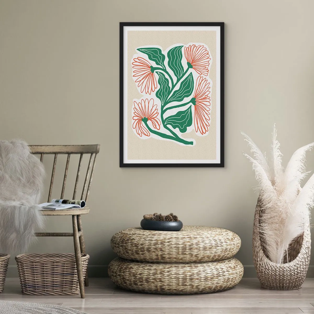 Plagát v čiernom ráme - Abstraktný motív kvetu a listu na béžovom pozadí - 50x70cm - Ľudové aj moderné - Moderná nástenná dekorácia do obývacej izby a spálne ARTTOR
