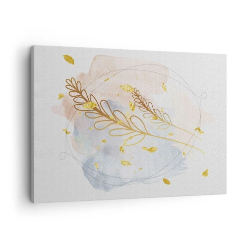 Obraz na plátne - Jemný motív zlatých listov na pastelovom pozadí s detailmi akvarelu. - 70x50cm - Zlatý závan - Moderná nástenná dekorácia do obývacej izby a spálne ARTTOR