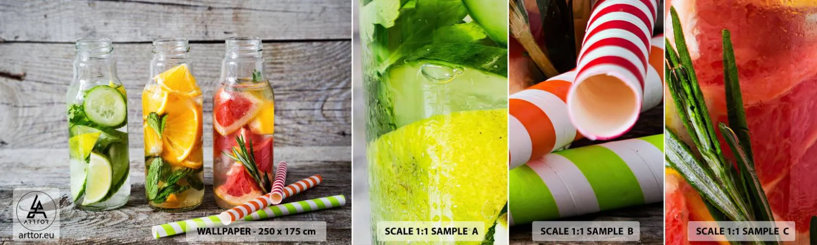Vzorka samolepiacej fototapety Deluxe Sticker - Zdravé od prírody - Gastronómia, Ovocný nápoj, Ovocie - 100x30 cm
