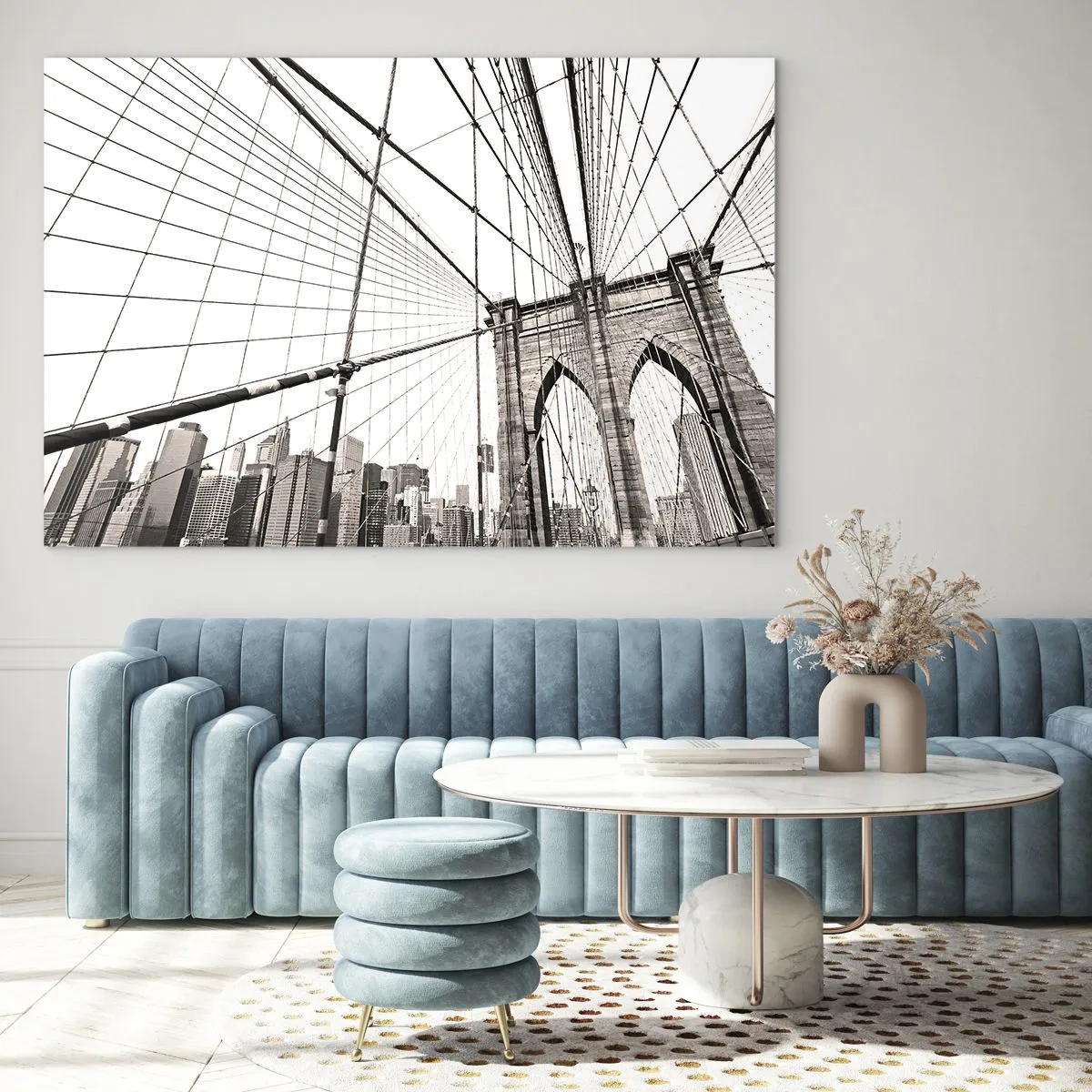 Obraz na skle - Visutý most s panorámou mesta v pozadí v sépiovej farbe - 70x50cm - Newyorská katedrála - Moderná nástenná dekorácia do obývacej izby a spálne ARTTOR