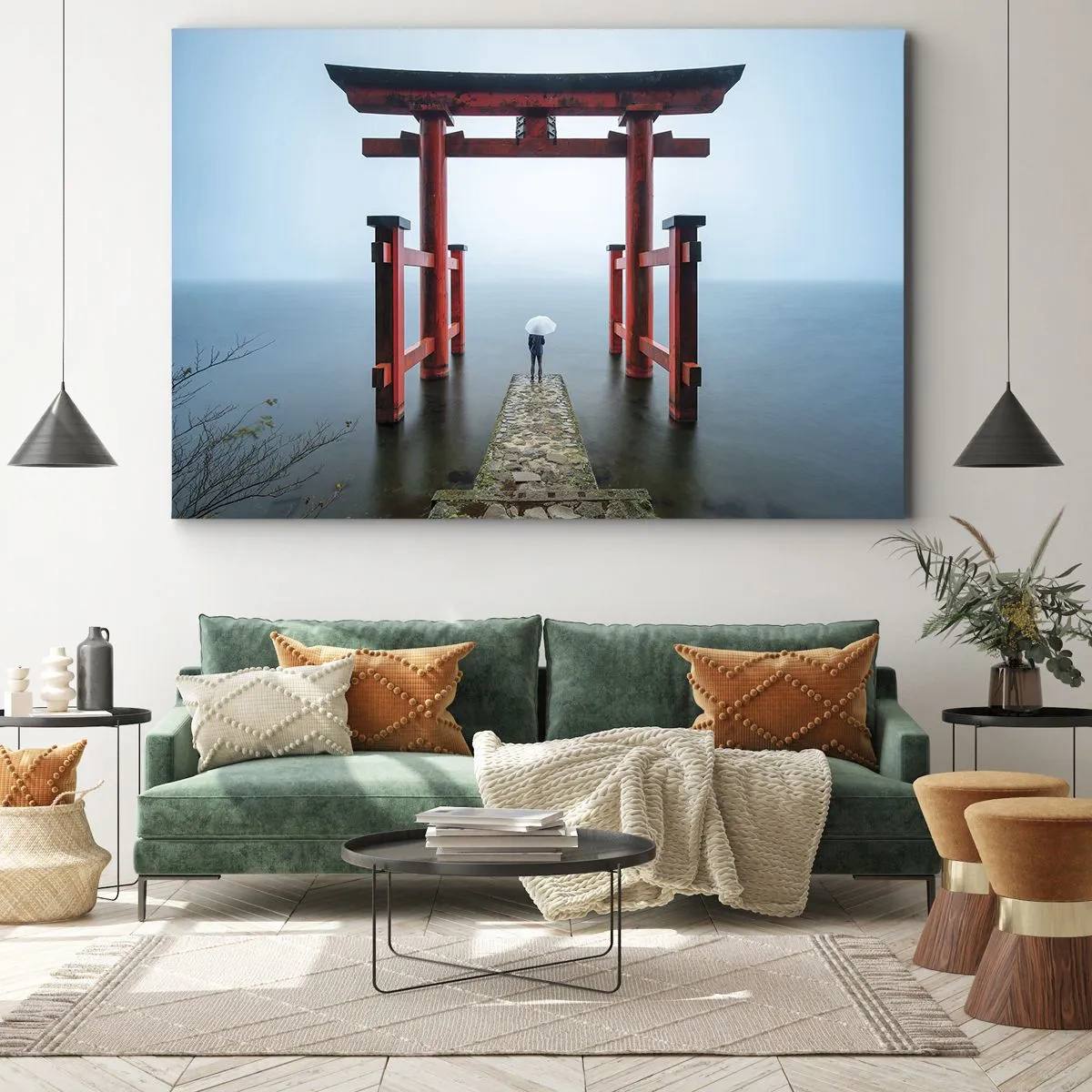 Obraz na plátne - Brána torii s výhľadom na pokojné jazero v Japonsku - 70x50cm - Japonské zamyslenie - Moderná nástenná dekorácia do obývacej izby a spálne ARTTOR