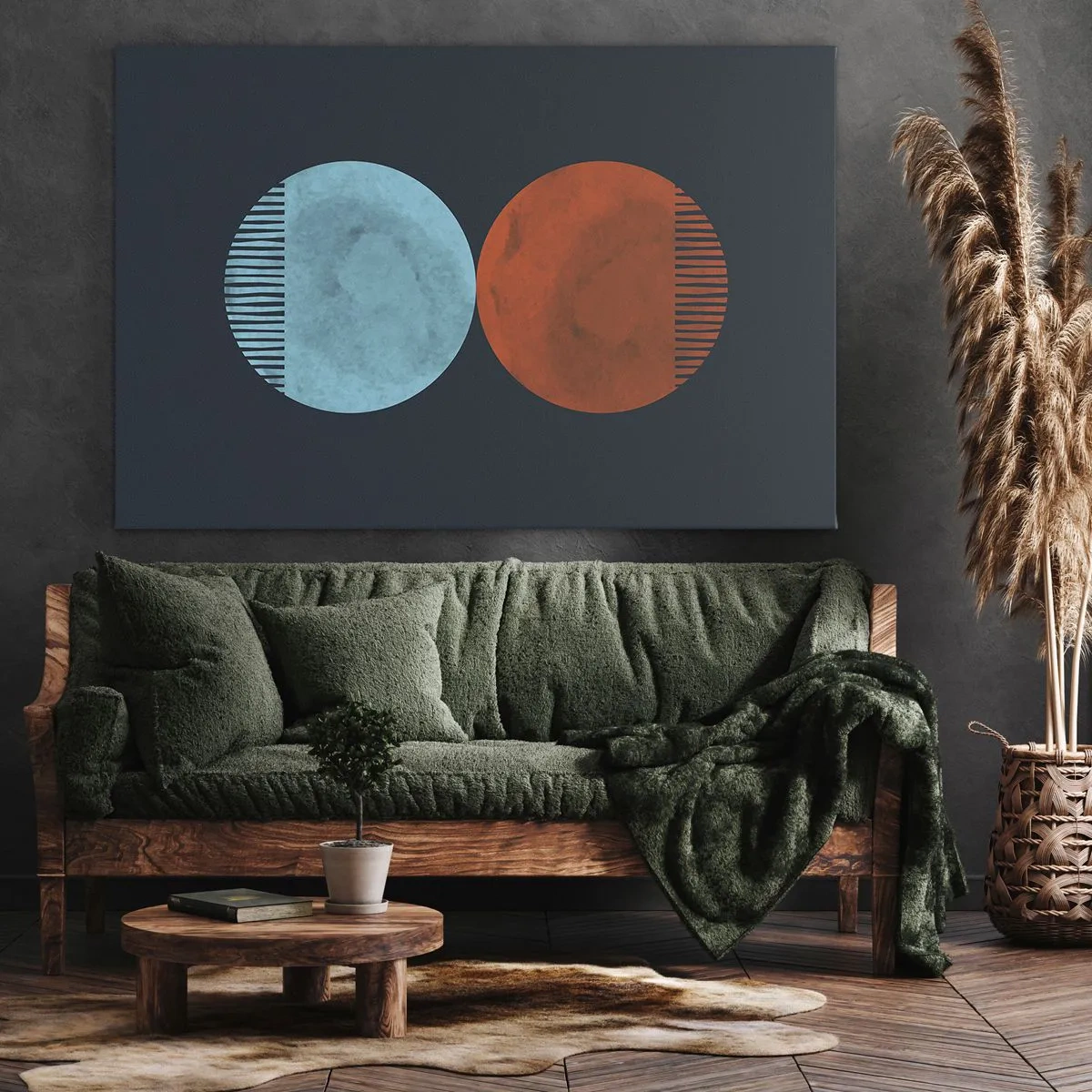 Obraz na plátne - Minimalistický dizajn dvoch koliesok v modrej a oranžovej farbe - 70x50cm - Iba geometria? - Moderná nástenná dekorácia do obývacej izby a spálne ARTTOR