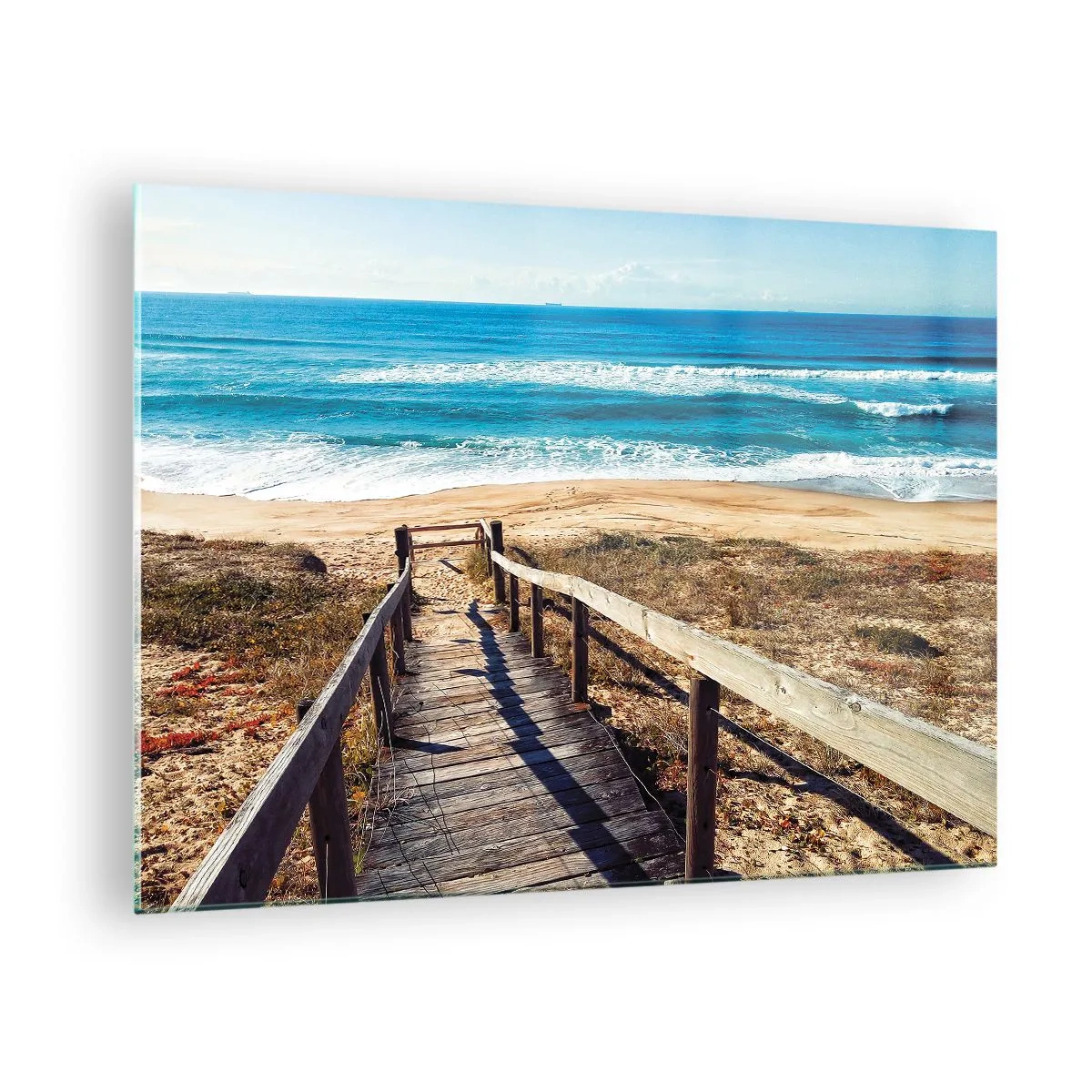 Obraz na skle - Drevený chodník vedúci na pláž s výhľadom na oceán - 70x50cm - Bež! - Moderná nástenná dekorácia do obývacej izby a spálne ARTTOR