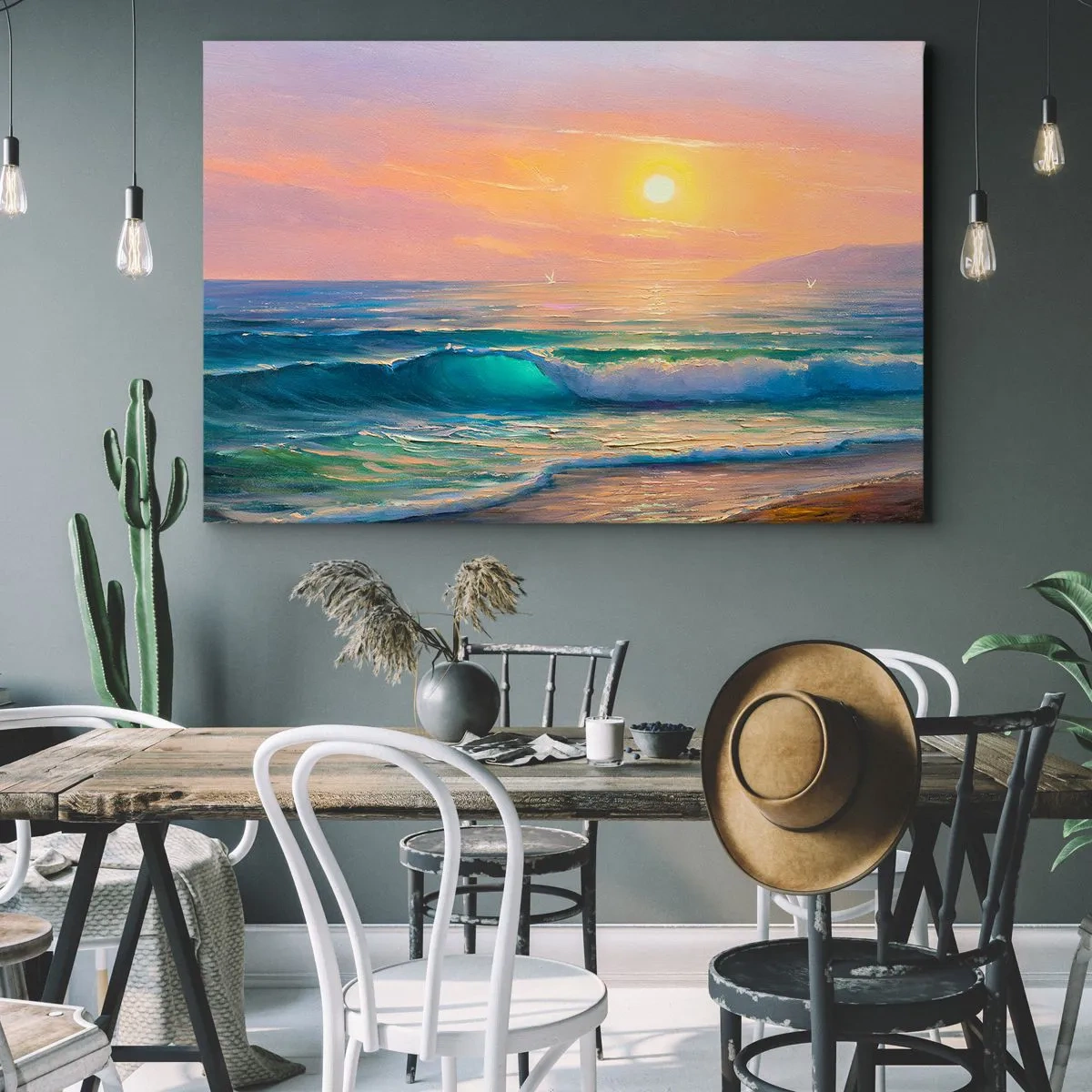Obraz na plátne - Morská krajina so západom slnka - 70x50cm - Tyrkysová pieseň vĺn - Moderná nástenná dekorácia do obývacej izby a spálne ARTTOR