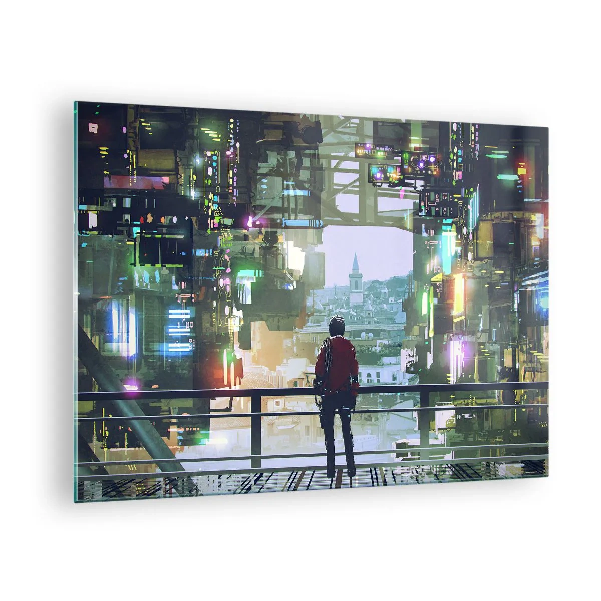 Obraz na skle - Postava na pozadí futuristického mesta s výhľadom na staré mesto - 70x50cm - Dva svety - Moderná nástenná dekorácia do obývacej izby a spálne ARTTOR