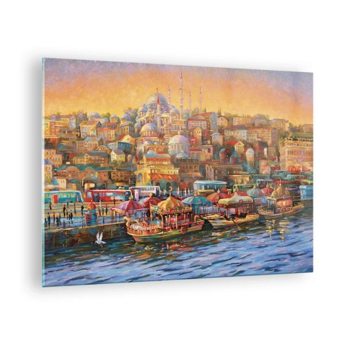 Obraz na skle - Farebný prístav s loďkami a panorámou mesta pri západe slnka - 70x50cm - Istanbulský príbeh - Moderná nástenná dekorácia do obývacej izby a spálne ARTTOR