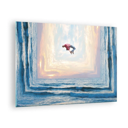 Obraz na skle - Muž skákajúci cez more v surrealistickom zábere - 70x50cm - Do inej dimenzie - Moderná nástenná dekorácia do obývacej izby a spálne ARTTOR