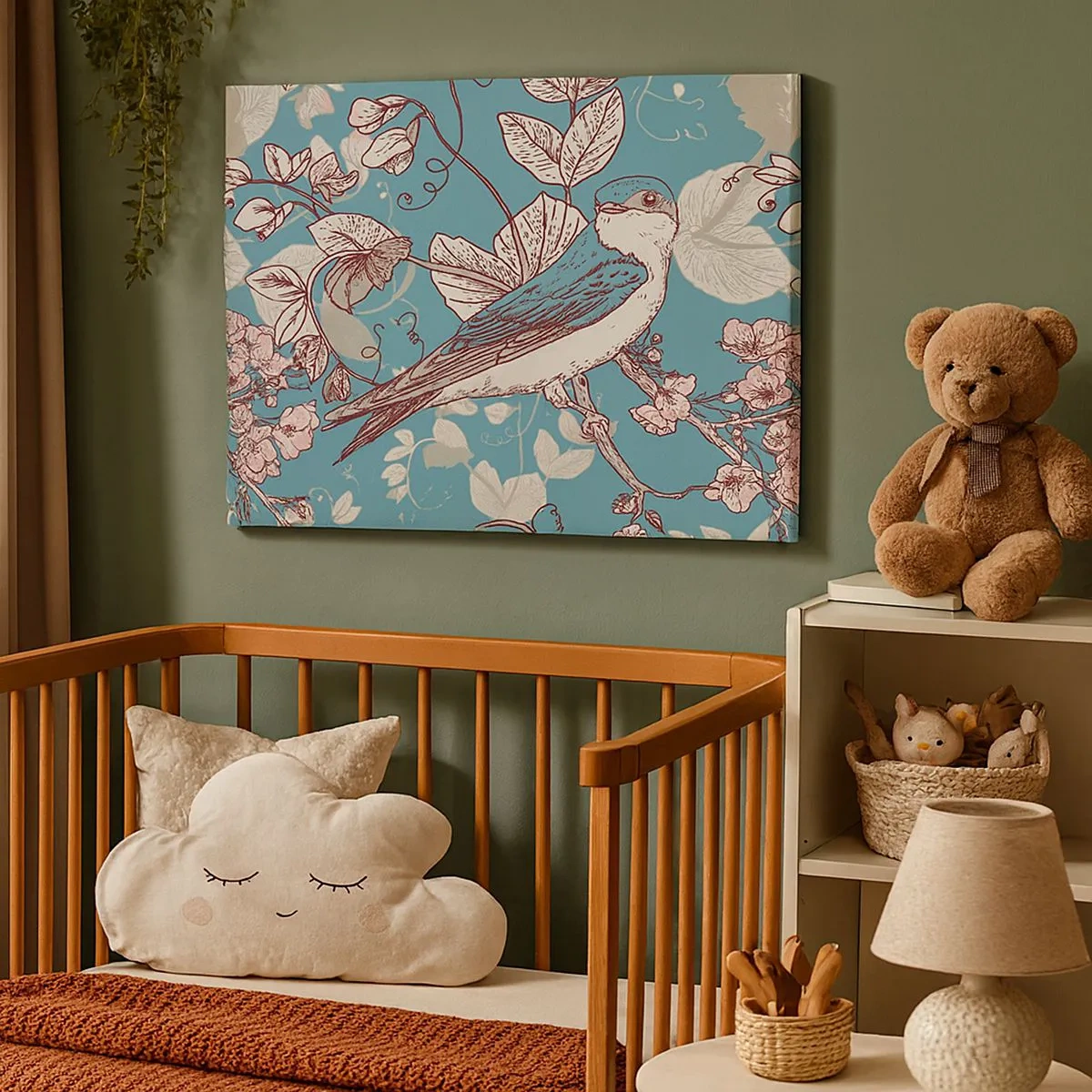 Obraz na plátne - Vtáčik na konári v jemnom kvetinovom štýle - 70x50cm - Na bielom strome vtáky a strieborné lístie - Moderná nástenná dekorácia do obývacej izby a spálne ARTTOR