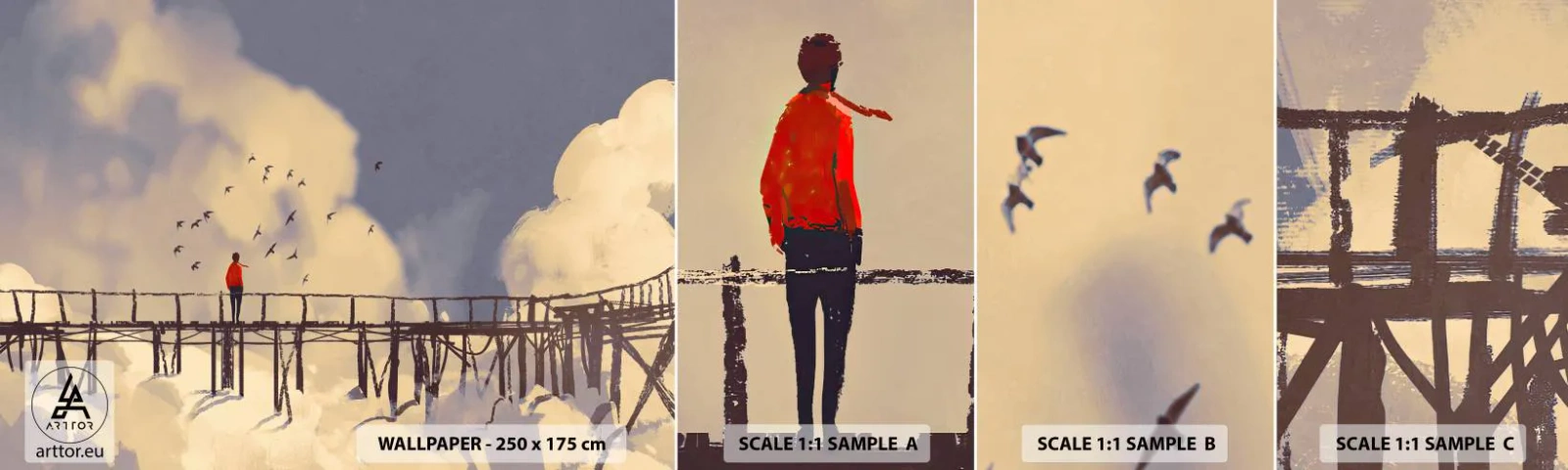 Vzorka samolepiacej fototapety Deluxe Sticker - Modrý stesk - Abstrakcia, Most, Mraky - 100x30 cm