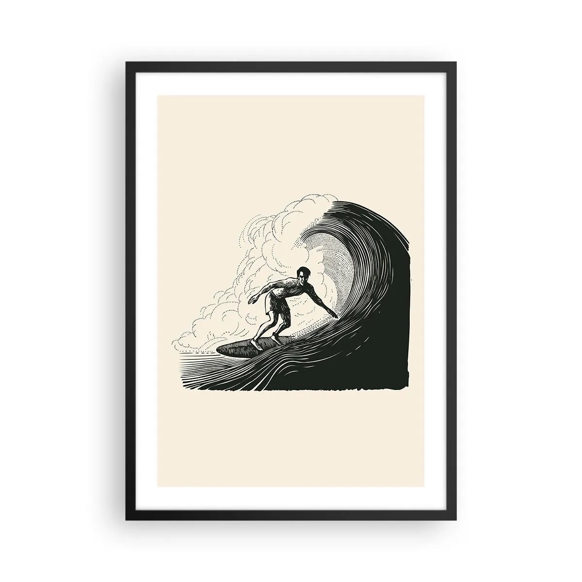 Plagát v čiernom ráme - Retro grafika surfera na vlne, čierne a krémové zloženie - 50x70cm - Kráľ vĺn - Moderná nástenná dekorácia do obývacej izby a spálne ARTTOR