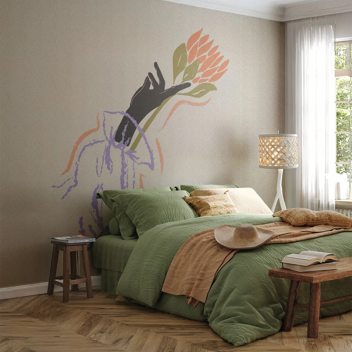 Fototapeta Standard Eco - Grafická kytica držaná siluetou ruky - 100x70cm - Sesterský dotyk - Moderná nástenná dekorácia do obývacej izby a spálne ARTTOR