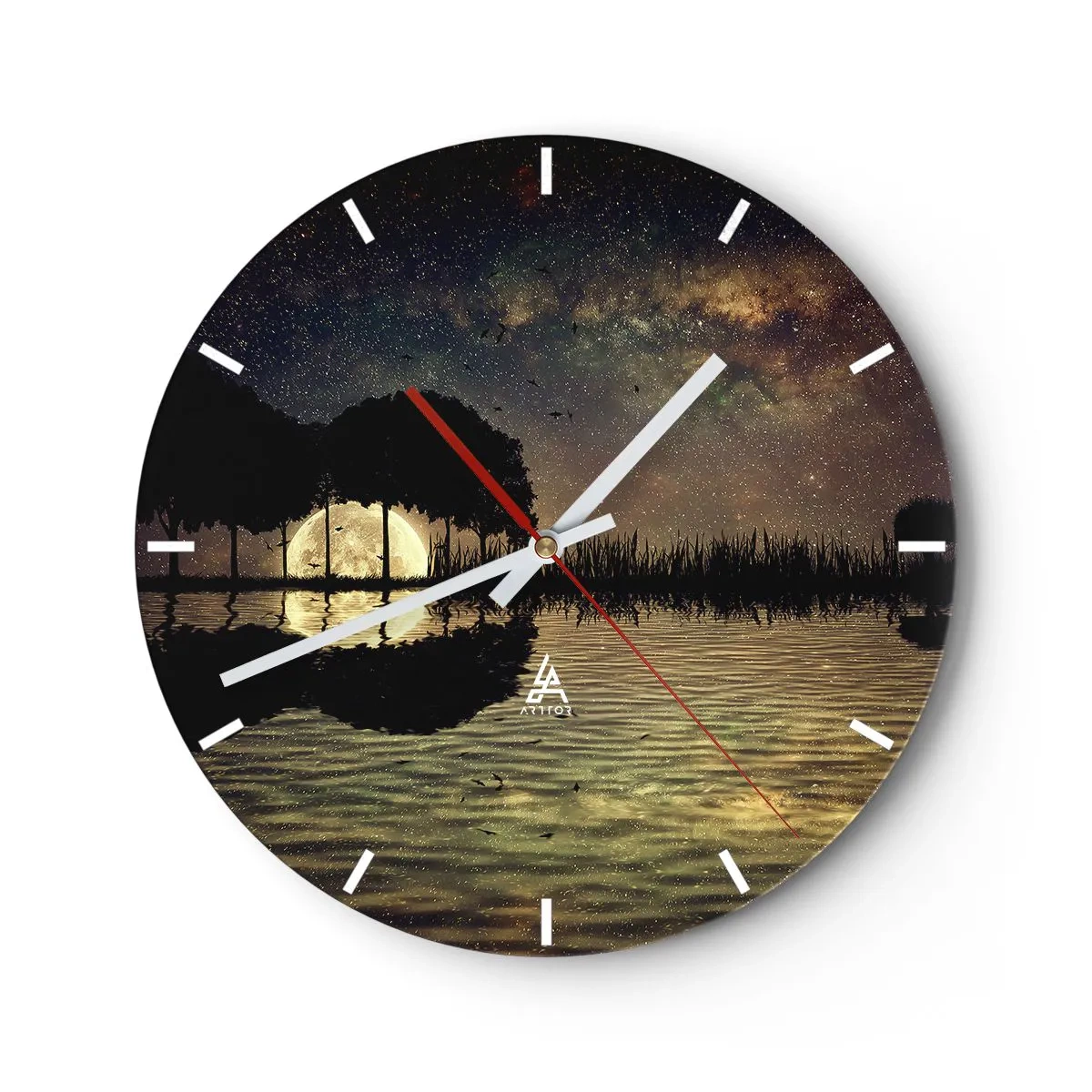 Nástenné hodiny - Krajina s jazerom, stromami a hviezdnou oblohou v noci - 30x30cm - Noc na konci sveta - Moderná nástenná dekorácia do obývacej izby, kuchyne a spálne ARTTOR