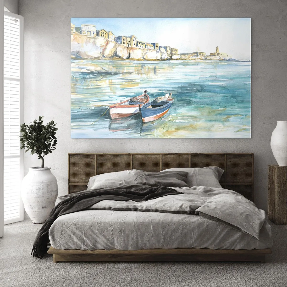 Obraz na skle - Akvamarínový záliv s loďami a budovami na útese - 70x50cm - Krajina v modrej - Moderná nástenná dekorácia do obývacej izby a spálne ARTTOR