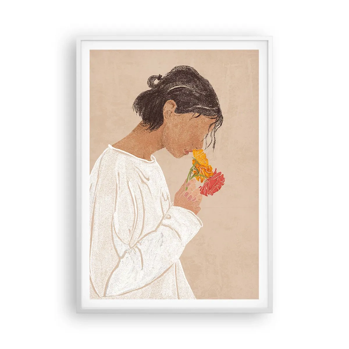 Plagát v bielom ráme - Dievča a kvety - 70x100 cm