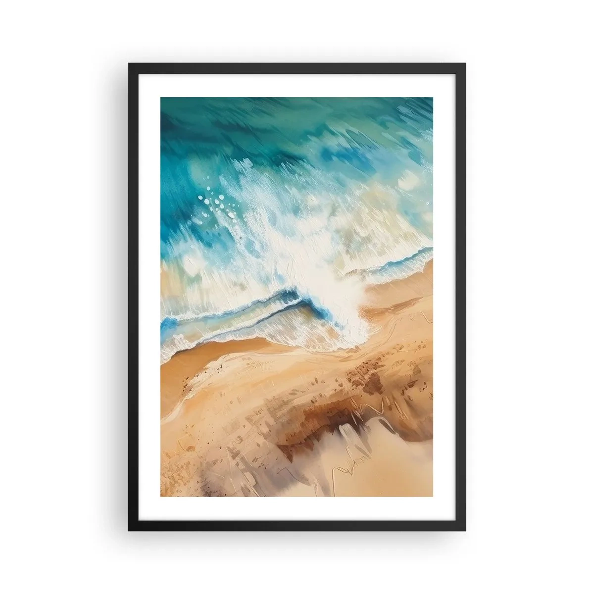Plagát v čiernom ráme - Abstraktná scéna vlny narážajúcej na breh v odtieňoch tyrkysovej a piesku. - 50x70cm - Vlna, ktorá sa vracia - Moderná nástenná dekorácia do obývacej izby a spálne ARTTOR