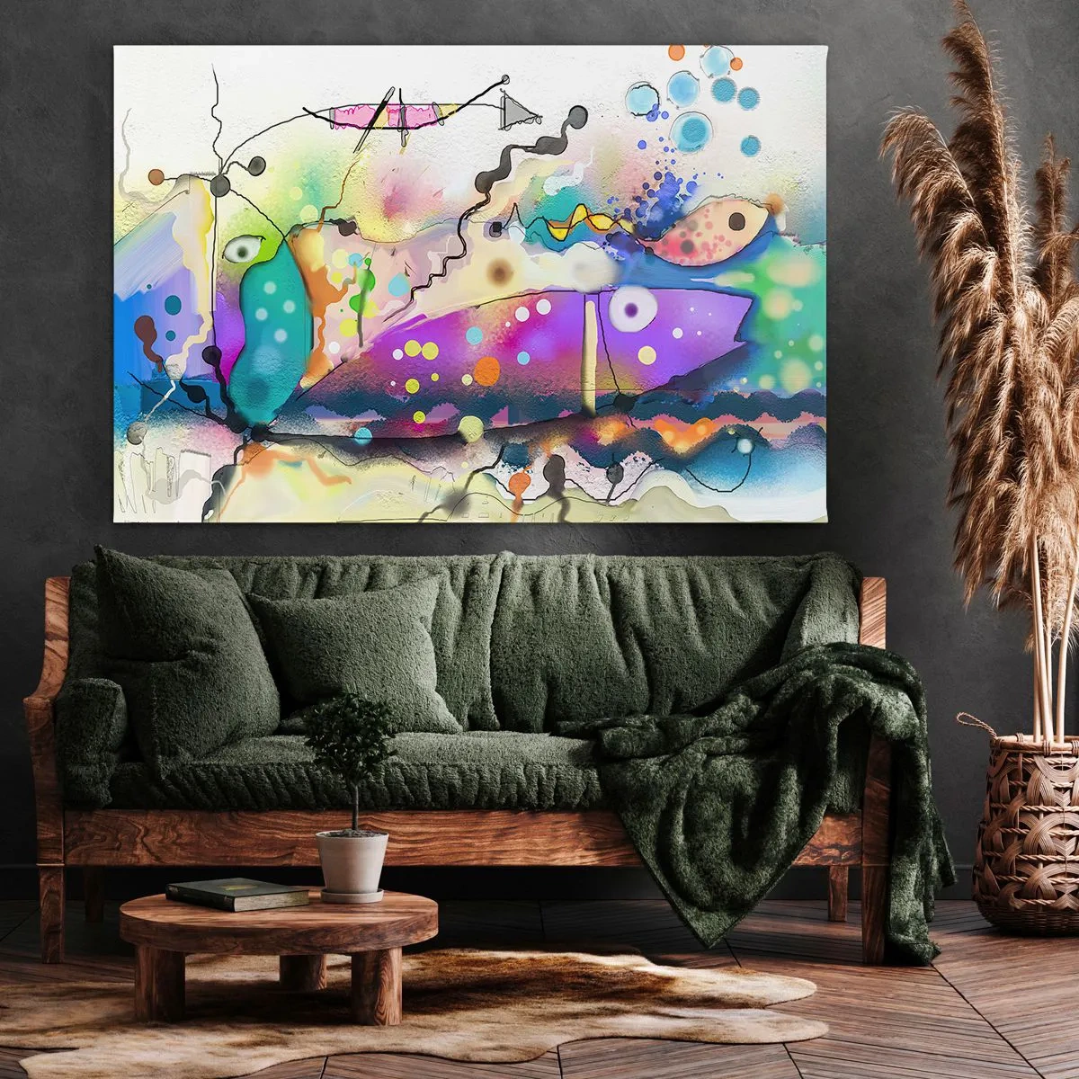 Obraz na plátne - Abstraktné ryby v farebnej, surrealistickej kompozícii - 70x50cm - Niet slov! - Moderná nástenná dekorácia do obývacej izby a spálne ARTTOR