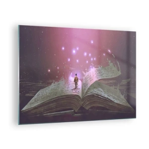 Obraz na skle - Otvorená kniha, z ktorej sa vznáša magické svetlo a hviezdy - 70x50cm - Pozvánka do iného sveta - prečítaj! - Moderná nástenná dekorácia do obývacej izby a spálne ARTTOR