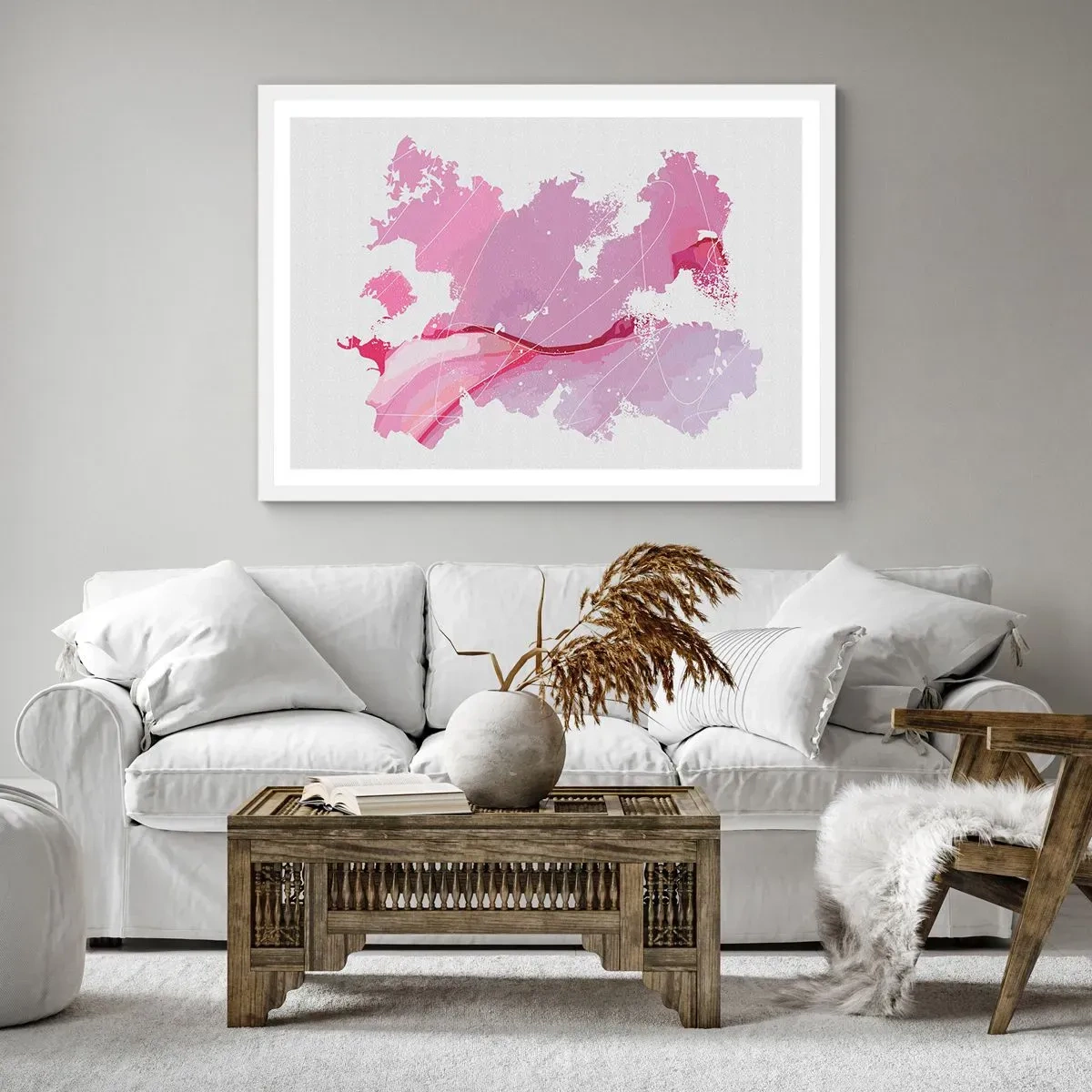 Plagát v bielom ráme - Mapa ružového sveta - 100x70 cm