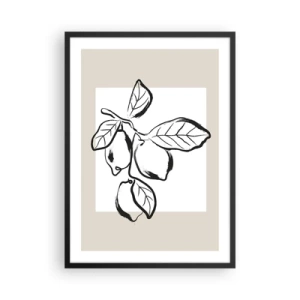 Plagát v čiernom ráme - Minimalistická ilustrácia citrónovej vetvy v čiernobielom štýle. - 50x70cm - Kde citrón dozrieva… - Moderná nástenná dekorácia do obývacej izby a spálne ARTTOR